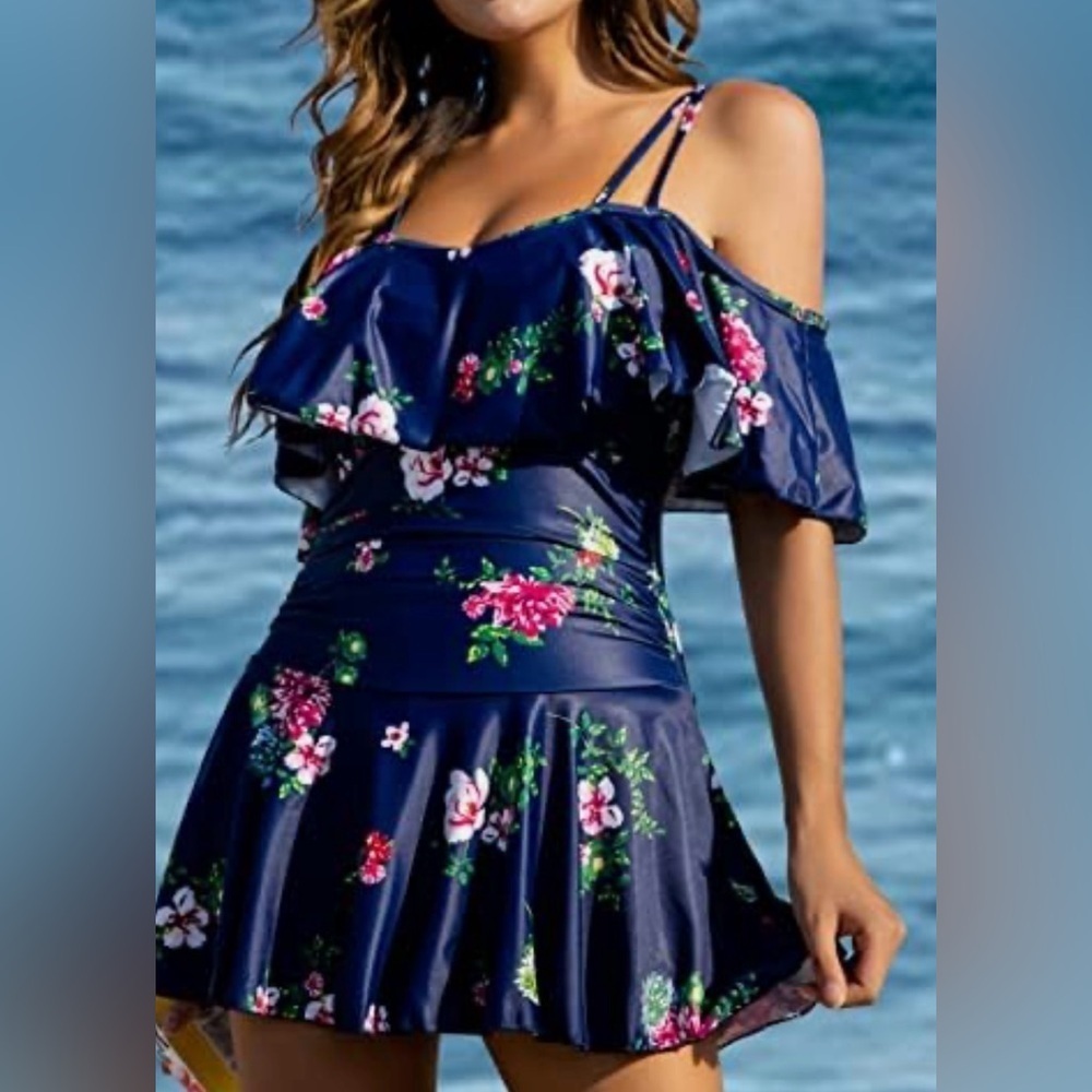 NWT COCOPEAR Women’s One Piece Flounce Swimsuit Off Shoulder Tummy cControl